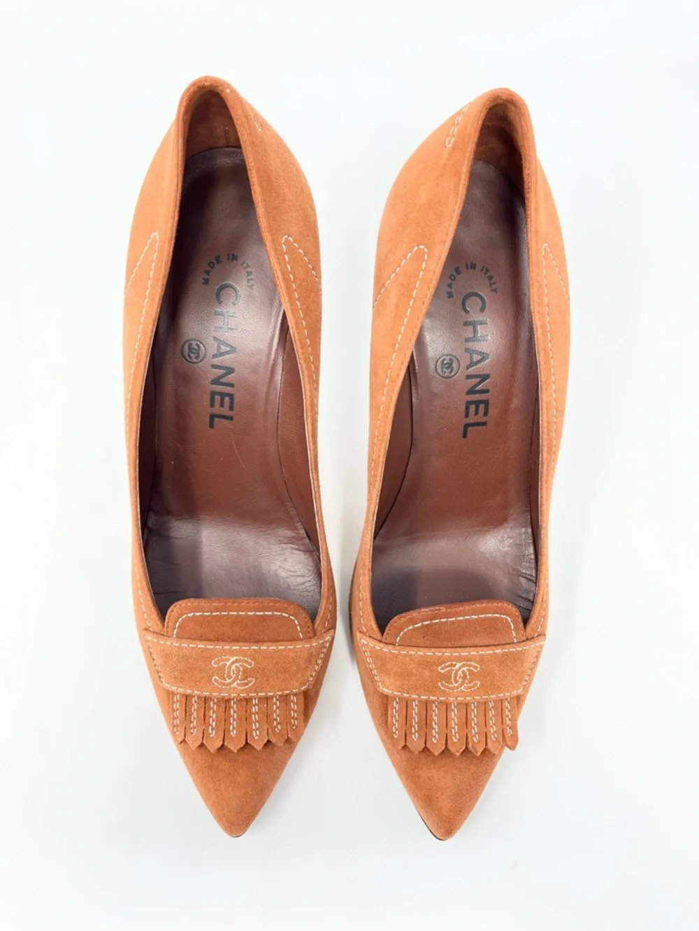 Chanel CC Logo Suede Leather Fringe High Heels Pumps Shoes Brown Tan 37 7 6.5